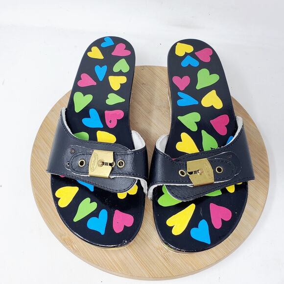 Dr Scholls Wooden Slide Sandals Womens 7 Original Clog Black Hearts Custom Paint - Picture 5 of 12